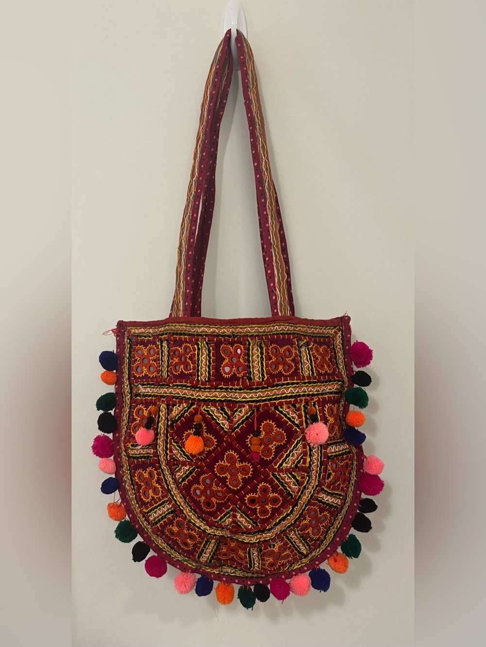 Boho Embroidered Pom Pom Tote Bag